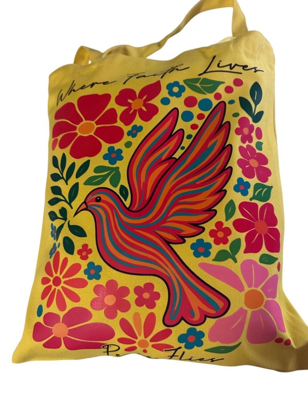 Lzerking multicolored dove Where faith lives Peace flies dove tote bag
